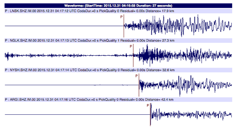 Автоматически определённые времена вступления сейсмических волн для землетрясения на севере о. Сахалин